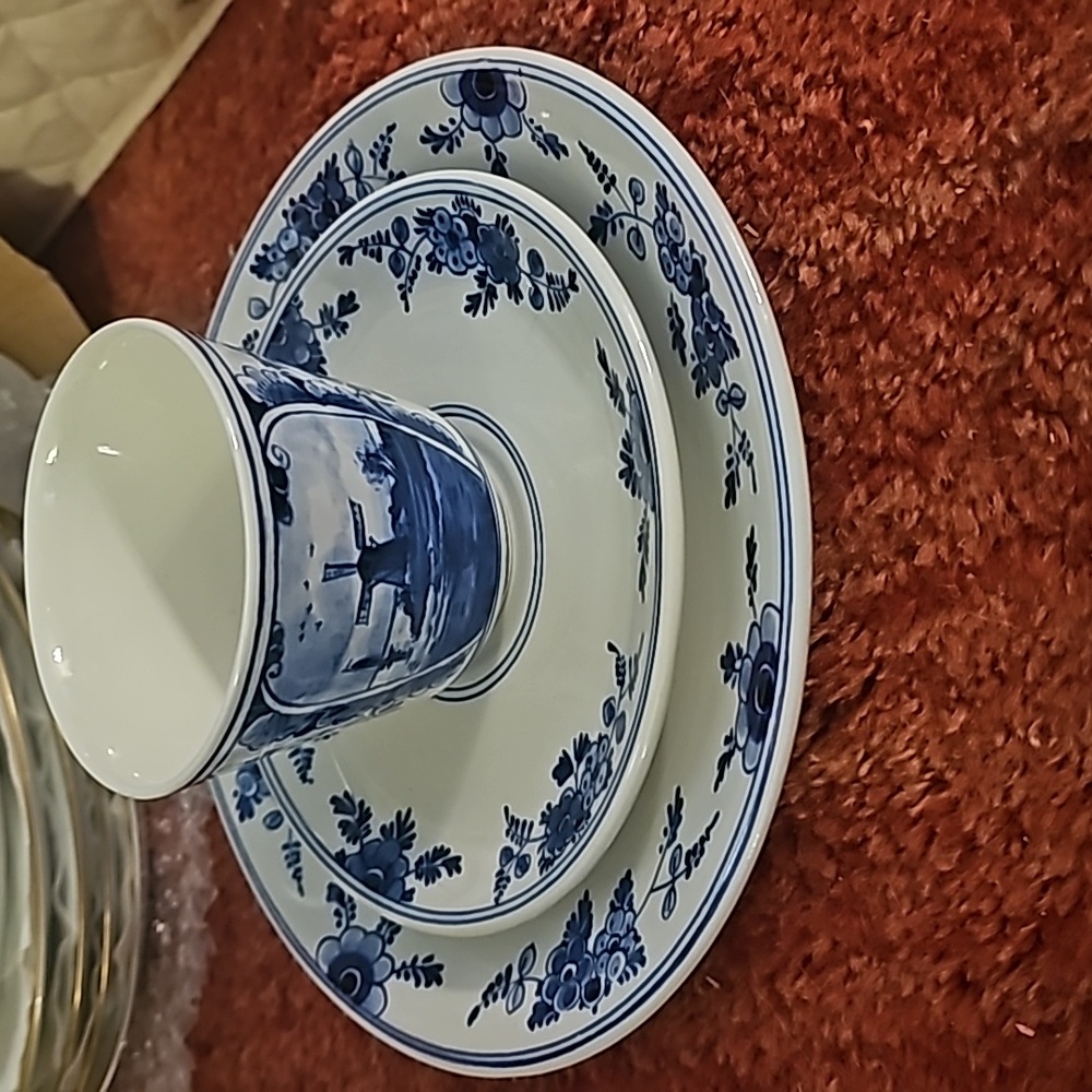 Royal Delft Blue Windmill Cup, Saucer & Dessert Plate